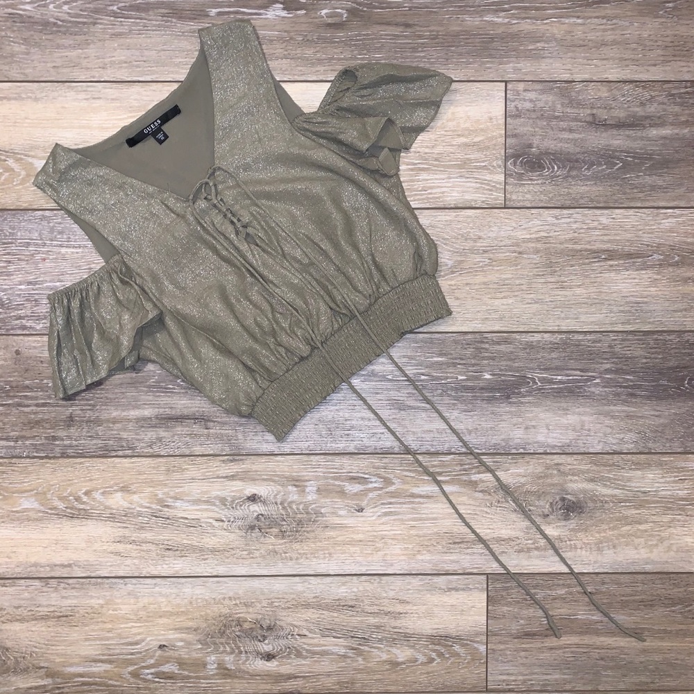green shimmery off the shoulder crop top